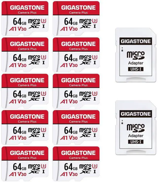 Main image of GIGASTONE 64GB Micro SD Card 10-Pack, Camera Plus, MicroSDXC Memory Card for Wyze Cam, Security Camera, Smartphone, Fire Tablet, 4K Video Recording, UHS-I U3 A1 V30, 95MB/s, with Adapter