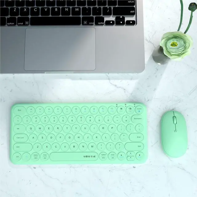 Alt view image 3 of 5 - Mini Computer Wireless Keyboard and Mouse Combo, UBOTIE Colorful Compact Silent Linear Switch Round Keycaps TKL Keyboards with Optical Mouse for Travel Business(Cyan)