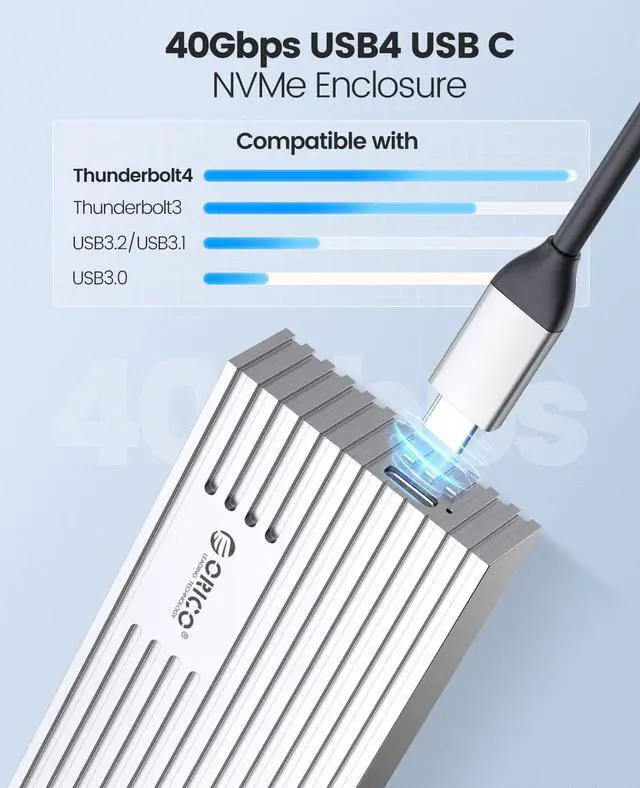 Alt view image 2 of 5 - ORICO 40Gbps NVMe SSD Enclosure, M.2 to USB-C Adapter for NVMe M-Key 4TB SSD 2280, Aluminum M2 External SSD Case, Compatible with Thunderbolt 3/4 USB3.2/3.1/3.0/Type-M234-Silver