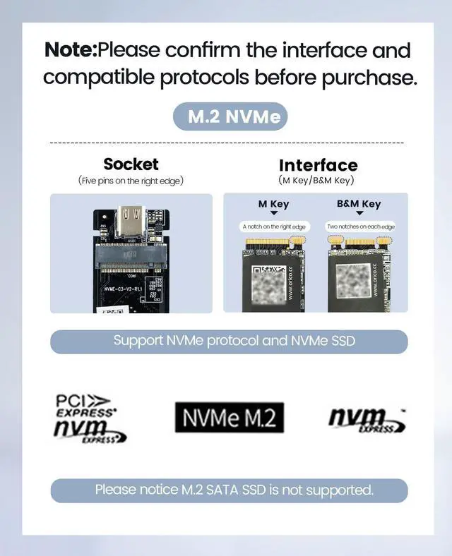 Alt view image 4 of 5 - ORICO 40Gbps NVMe SSD Enclosure, M.2 to USB-C Adapter for NVMe M-Key 4TB SSD 2280, Aluminum M2 External SSD Case, Compatible with Thunderbolt 3/4 USB3.2/3.1/3.0/Type-M234-Silver