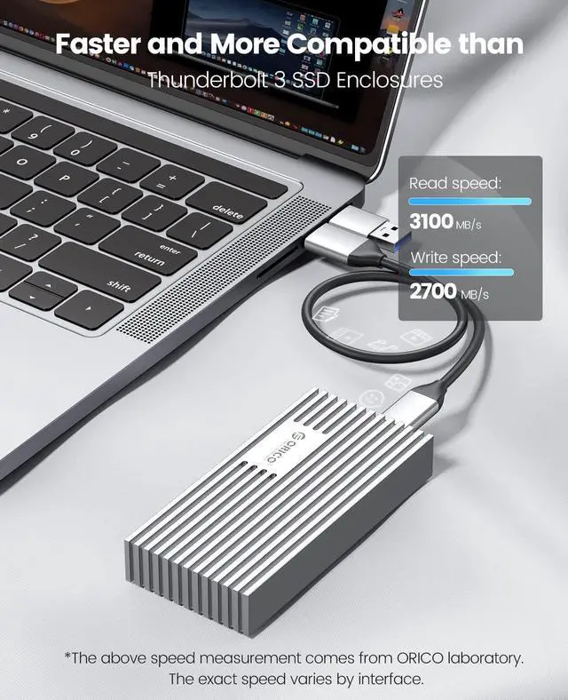 Alt view image 3 of 5 - ORICO 40Gbps NVMe SSD Enclosure, M.2 to USB-C Adapter for NVMe M-Key 4TB SSD 2280, Aluminum M2 External SSD Case, Compatible with Thunderbolt 3/4 USB3.2/3.1/3.0/Type-M234-Silver