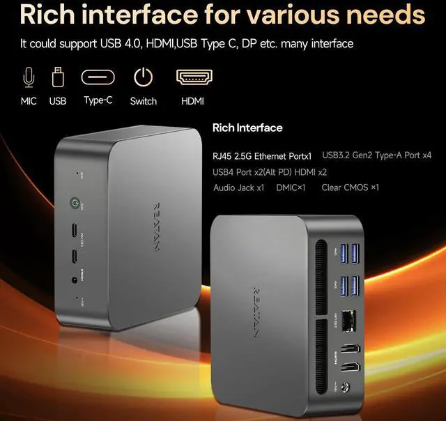 Alt view image 4 of 5 - Reatan Alloy 9 Mini Gaming PC AMD Ryzen 9 7940HS(up to 5.2GHz) 32GB DDR5 1TB SSD 5600 MHz RAM, Desktop Mini Computers, Radeon 780M Graphics,Quad Display 2.5Gbps LAN,HDMI 2.1, 8K USB 4.0 Wi-Fi 6E/BT5.3