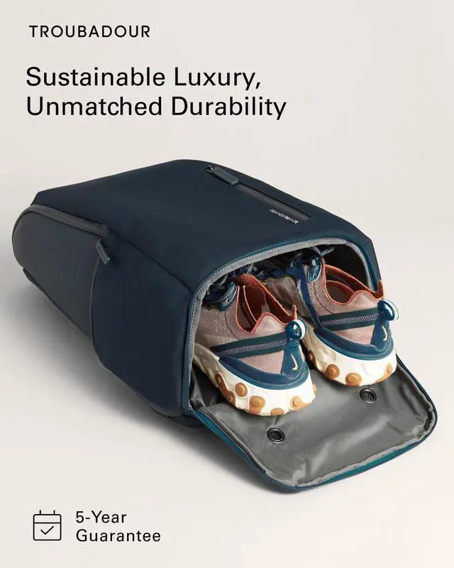 Alt view image 4 of 5 - Troubadour Pioneer Backpack 3.0 - Premium Everyday Bag with Padded Laptop Section, Ventilated Shoe Compartment & Sustainable Waterproof Material - All-Day Lightweight Comfort Design - Navy
