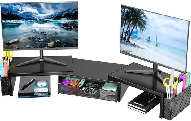 Main image of Spacrea Metal Desk Organizers and Accessories, Dual Monitor Stand Riser with Drawer and 2 Pen Holders, Desk Accessories & Workspace Desktop Organizers for Office Supplies (Black)
