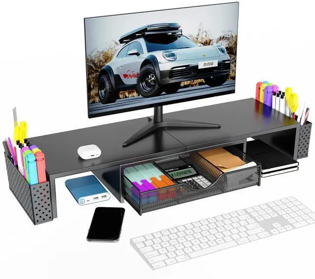Alt view image 3 of 5 - Spacrea Metal Desk Organizers and Accessories, Dual Monitor Stand Riser with Drawer and 2 Pen Holders, Desk Accessories & Workspace Desktop Organizers for Office Supplies (Black)