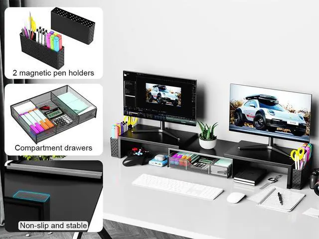 Alt view image 5 of 5 - Spacrea Metal Desk Organizers and Accessories, Dual Monitor Stand Riser with Drawer and 2 Pen Holders, Desk Accessories & Workspace Desktop Organizers for Office Supplies (Black)