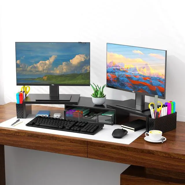 Alt view image 2 of 5 - Spacrea Metal Desk Organizers and Accessories, Dual Monitor Stand Riser with Drawer and 2 Pen Holders, Desk Accessories & Workspace Desktop Organizers for Office Supplies (Black)