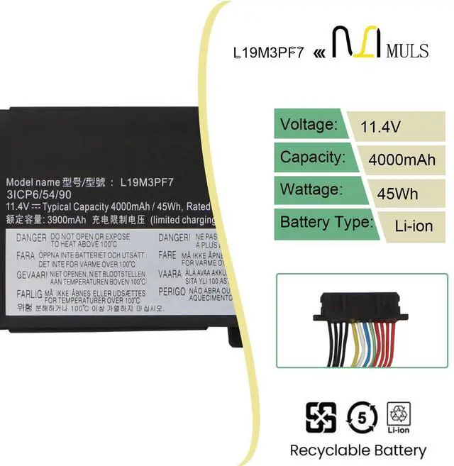 Alt view image 2 of 5 - MULS L19M3PD9 45Wh Laptop Battery Replacement for Lenovo ThinkBook 15p IMH 20V3003FSP G2 ITH 21B1002GC ITH 21B1002WE Series L19D3PD9 5B10Z19320 SB10Z19322 5B10Z19319 5B10Z19319 4000mAh 3-Cell