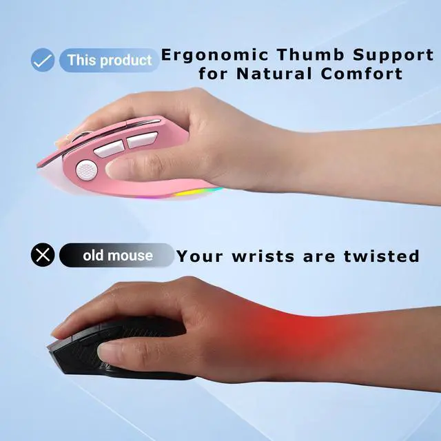 Alt view image 4 of 5 - Ergonomic Mouse Dual Mode(Bluetooth+USB)Pink Rechargeable Vertical Carpal Tunnel Cordless Bluetooth Mice for PC/Laptop/Computer/Tablet/ipad/Macbook Air/Pro Office Work Women Girl Gift,Double Click Key