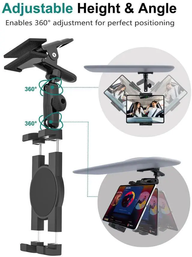 Alt view image 3 of 5 - CANHET Sun Visor Tablet Holder for Car, Visor Clip Phone Mount with Metal Arm, 360° Adjustable Vehicle Tablet Clamp with 1/4" Screw for 4-13" iPad Pro Air Mini, Phone, Galaxy Z Fold, Fire HD, Camera