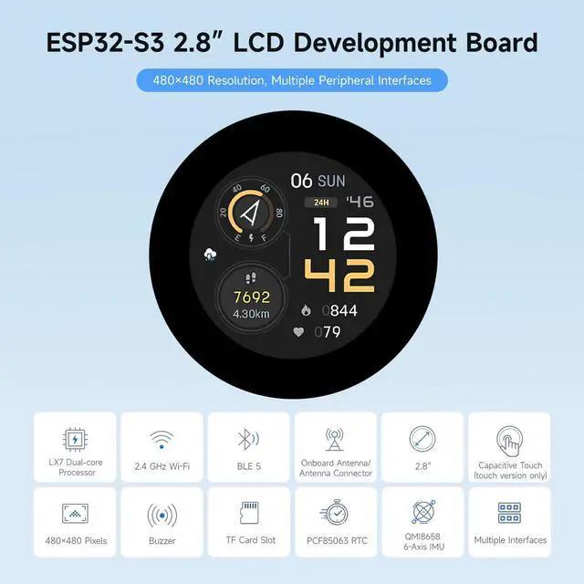 Alt view image 3 of 5 - Waveshare ESP32-S3 2.8inch Round Display Development Board, 480×480, 32-bit LX7 Dual-core Processor, Without Touch Function