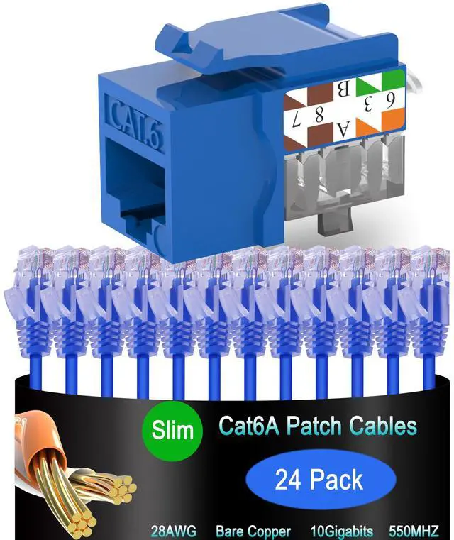Main image of Lysymixs Cat6a Slim Ethernet Patch Cable 1 ft (24 Pack) with Keystone 25 Pack