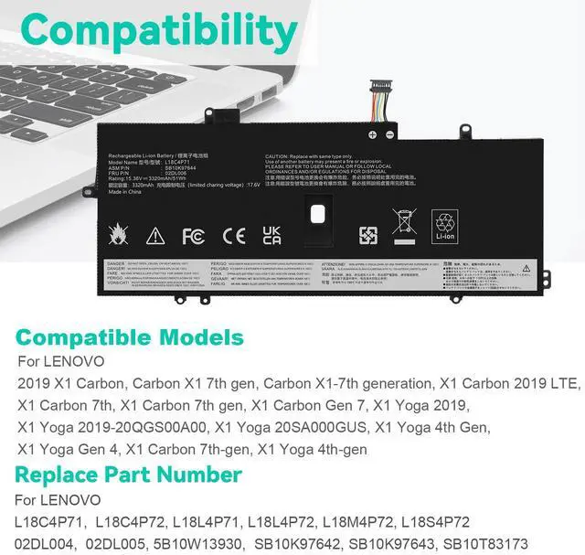 Alt view image 5 of 5 - L18C4P71 L18M4P72 Battery for Lenovo Thinkpad X1 Carbon 7th Gen, X1 Carbon 8th Gen,ThinkPad X1 Yoga 4th/5th Gen Series 02DL004 02DL005 02DL006 L18L4P71 SB10K97644 SB10K97642 SB10K97643 SB10T83174