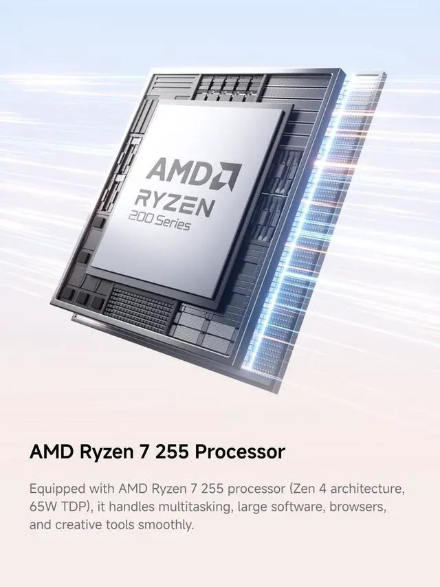 Alt view image 3 of 5 - MINISFORUM AI X1-255 Mini PC AMD Ryzen 7 255 (8C/16T, up to 4,9 GHz), 32 GB DDR5 RAM 1 TB M.2 SSD,HDMI/DP/USB4 (4K@120 Hz), Dual Speaker/DMIC,USB-A X 3, 2.5G LAN, Wi-Fi 7/BT5.4
