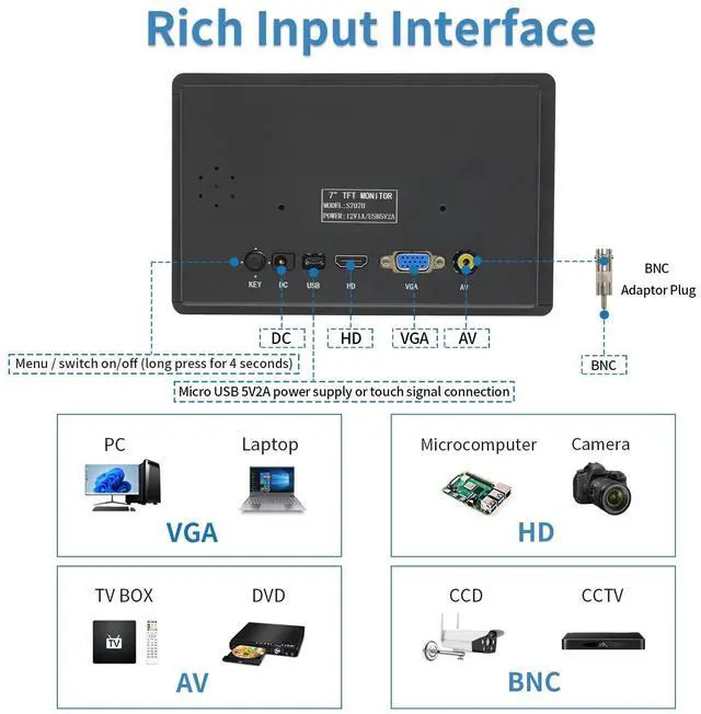 Alt view image 4 of 5 - Qcvoruno 7 inch Touch Security Monitor & Displays, HD/BNC/AV/VGA/USB Input, 1024 * 600 Resolution, Built-in Dual Speakers Portable LCD Touch Monitor, Suitable for Game PC DVD DSLR CCTV