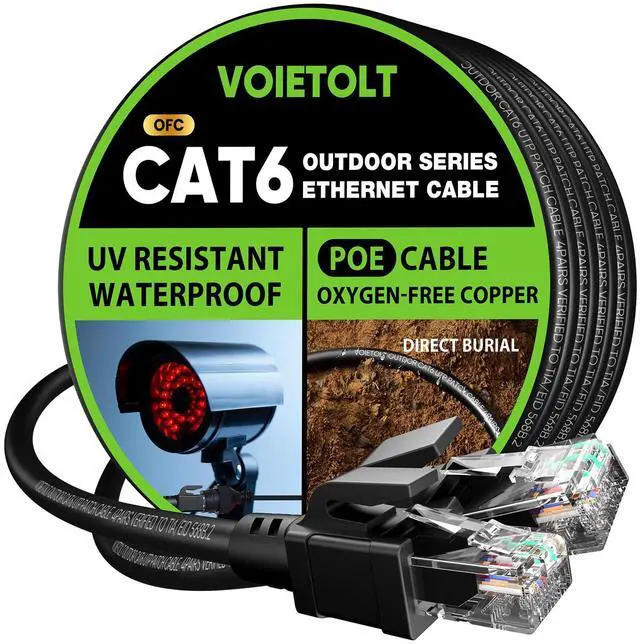 Main image of VOIETOLT Cat 6 Outdoor Ethernet Cable 100 ft, 10Gbps 550MHz Pure Copper Network Internet Cable Direct Burial Waterproof UV LLDPE Jacket, LAN Cable Patch Cord with 20 Ties, UTP Support POE for PC