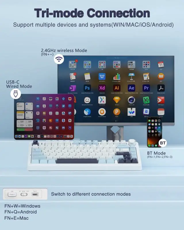 Alt view image 4 of 5 - AULA Wireless Keyboard and Mouse Combo, F75 Mechanical Keyboards, Hot Swappable Custom Keyboard+SC580X Wireless Gaming Mouse Light Purple