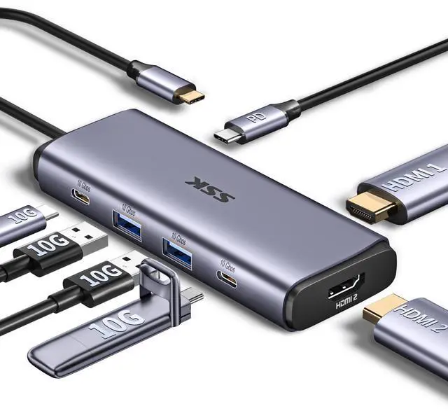 Main image of SSK Powered USB 3.2 Hub  7 Port USB C Adapter with Dual  HDMI,2 USB A&2 USB C 3.2 Gen 2 Data Ports Hub,100W PD Charging USB hub for iPad,MacBook Pro/Air,Flash Drive,iPhone 15,Laptops