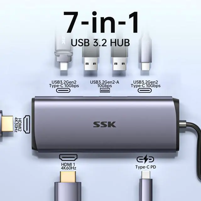 Alt view image 2 of 5 - SSK Powered USB 3.2 Hub  7 Port USB C Adapter with Dual  HDMI,2 USB A&2 USB C 3.2 Gen 2 Data Ports Hub,100W PD Charging USB hub for iPad,MacBook Pro/Air,Flash Drive,iPhone 15,Laptops
