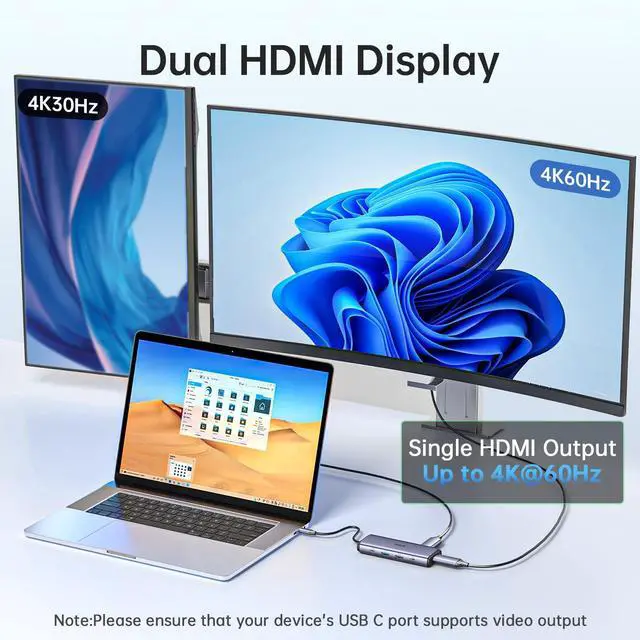 Alt view image 4 of 5 - SSK Powered USB 3.2 Hub  7 Port USB C Adapter with Dual  HDMI,2 USB A&2 USB C 3.2 Gen 2 Data Ports Hub,100W PD Charging USB hub for iPad,MacBook Pro/Air,Flash Drive,iPhone 15,Laptops