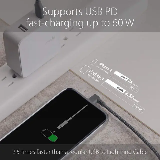 Alt view image 3 of 5 - Moshi Integra USB C to Lightning Cable 90 Degree 5ft/1.5m [MFi-Certified], iPhone 12 Charger, PD Fast Charging 60W, Ballistic Nylon Braiding for iPhone 12/11 Series (Use with USB C Charger)