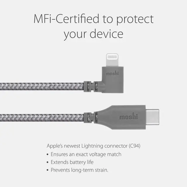 Alt view image 4 of 5 - Moshi Integra USB C to Lightning Cable 90 Degree 5ft/1.5m [MFi-Certified], iPhone 12 Charger, PD Fast Charging 60W, Ballistic Nylon Braiding for iPhone 12/11 Series (Use with USB C Charger)