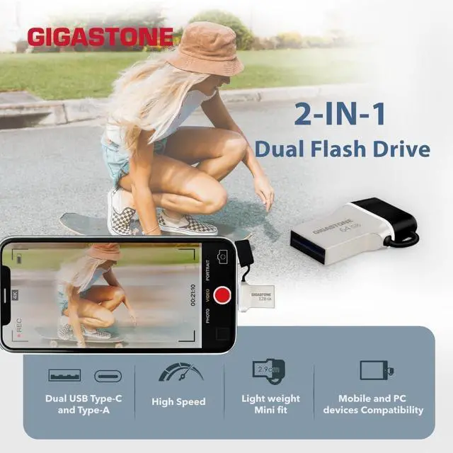 Alt view image 4 of 5 - GIGASTONE 256GB Nano Luxus Dual Drive, Z50 USB 3.2 Gen 1, 2-in-1 USB-A & Type-C, 100MB/s Ultra Fast, Cap Design, Metal, Plug & Play for Smartphone/PC/Mac/TV/Car, 2.0/3.0/3.1 Compatible