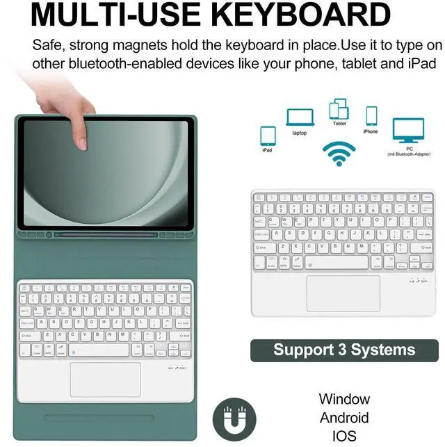 Alt view image 2 of 5 - Keyboard Case for Galaxy Tab A9 Plus 5G 11 Inch 2023, Multi-Touch Trackpad, Detachable Keyboard, Auto Sleep/Wake, Long Battery Life, Smart Folio Cover with S Pen Holder for Tab A9+ 11" (Green)