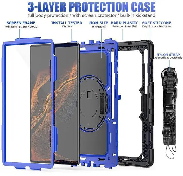 Alt view image 2 of 5 - Dteck Galaxy Tab S8 Ultra Case with S Pen Holder, Heavy Duty Shockproof Protective Cover Buit-in Screen Protector 360° Swivel Handle Stand Shoulder Strap for Samsung Galaxy Tab S8 Ultra 14.6",Blue