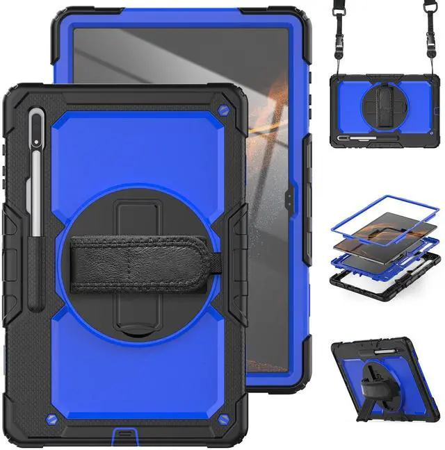 Main image of Dteck Galaxy Tab S8 Ultra Case with S Pen Holder, Heavy Duty Shockproof Protective Cover Buit-in Screen Protector 360° Swivel Handle Stand Shoulder Strap for Samsung Galaxy Tab S8 Ultra 14.6",Blue