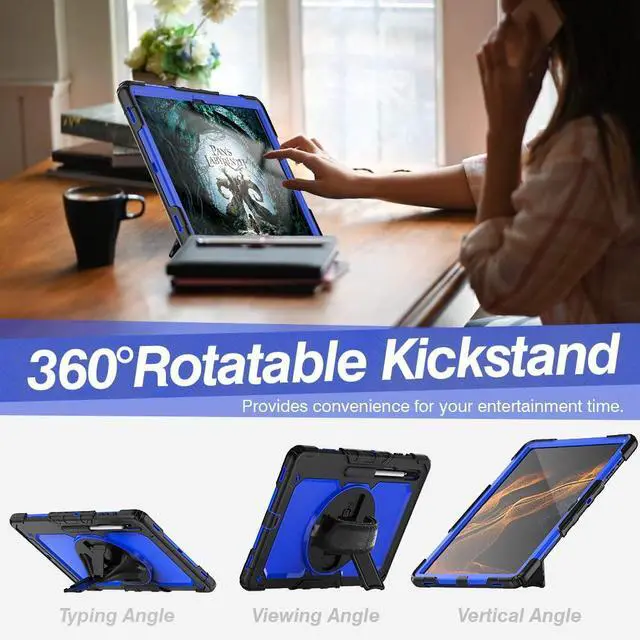 Alt view image 3 of 5 - Dteck Galaxy Tab S8 Ultra Case with S Pen Holder, Heavy Duty Shockproof Protective Cover Buit-in Screen Protector 360° Swivel Handle Stand Shoulder Strap for Samsung Galaxy Tab S8 Ultra 14.6",Blue