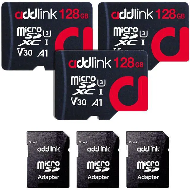 Main image of addlink 128GB 3-Pack Micro SD Card, 4K Video Pro, Compatible with GoPro, Security Camera, Dash cam, Drone 100MB/s MicroSDXC Memory Card UHS-1 U3 V30 A1 with 2 SD Adapter (ad128GBMSXU3AX3)