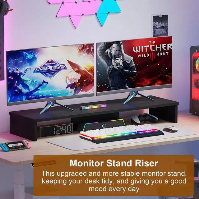 Alt view image 2 of 5 - Qupui Dual Monitor Stand Riser, Large Computer Monitor Stand for Desk, Monitor Riser for 2 Monitors, Wood Desk Shelf for Top of Desk, Desktop Organizer for Computer, Laptop, Printer, TV