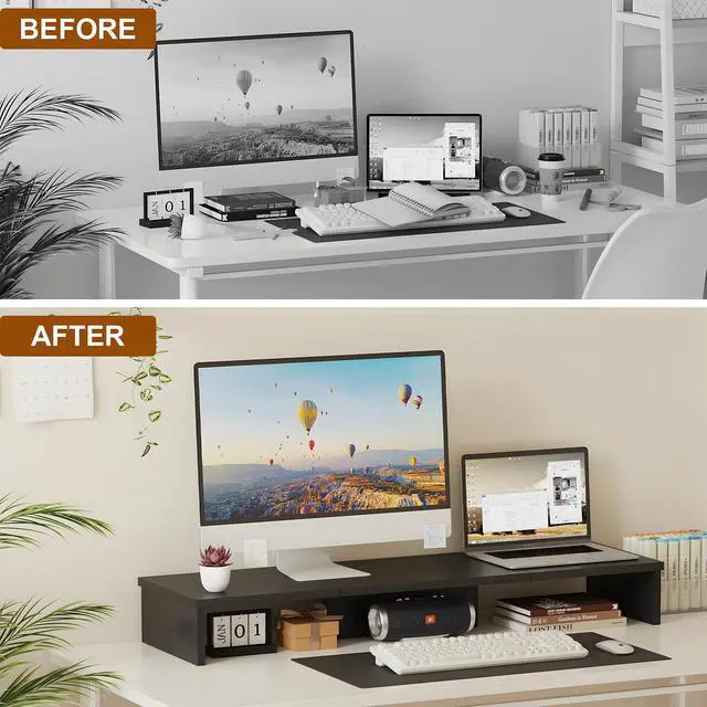 Alt view image 3 of 5 - Qupui Dual Monitor Stand Riser, Large Computer Monitor Stand for Desk, Monitor Riser for 2 Monitors, Wood Desk Shelf for Top of Desk, Desktop Organizer for Computer, Laptop, Printer, TV