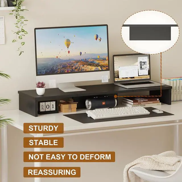 Alt view image 4 of 5 - Qupui Dual Monitor Stand Riser, Large Computer Monitor Stand for Desk, Monitor Riser for 2 Monitors, Wood Desk Shelf for Top of Desk, Desktop Organizer for Computer, Laptop, Printer, TV