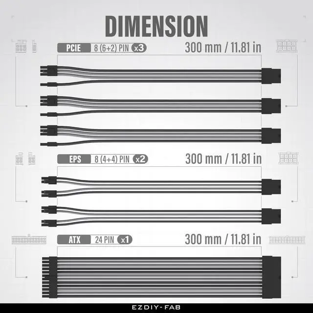 Alt view image 2 of 5 - EZDIY-FAB PSU Cable Extension Kit,16AWG Power Supply Extension Cable,1x24Pin/2x4+4 EPS/3x6+2 PCI-E,Custom PC Sleeve Cable 300MM with Combs-Black Grey