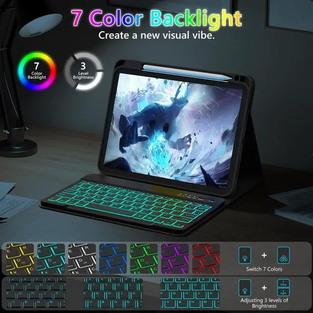 Alt view image 4 of 5 - FUWANG for iPad A16 11th 10th Generation Case with Keyboard, Detachable 7 Colors Backlit Wireless Marble Keyboard Case with Pencil Holder for iPad A16 11th 11-inch 2025 &10th Gen 10.9 Inch 2022, Black