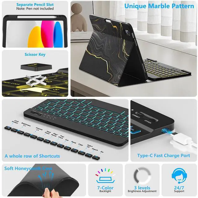 Alt view image 5 of 5 - FUWANG for iPad A16 11th 10th Generation Case with Keyboard, Detachable 7 Colors Backlit Wireless Marble Keyboard Case with Pencil Holder for iPad A16 11th 11-inch 2025 &10th Gen 10.9 Inch 2022, Black