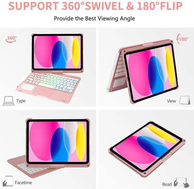 Alt view image 4 of 5 - Touchpad Keyboard Case for iPad (A16) 11th Gen 2025/iPad 10th Gen 10.9" 2022 - Multi-Touch Trackpad,7 Color Backlit, 360°Rotatable Smart Case with Trackpad Keyboard for iPad 11th /10th Gen  Rose Gold