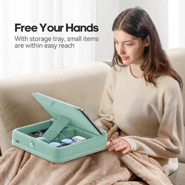 Alt view image 2 of 5 - KDD Tablet Pillow Stand with Storage, Foldable iPad Holder for Bed, Lap and Desk, Angle Adjustable Soft Pad Dock with Stylus Mount Compatible with iPad Pro 12.9, 11, Air, Mini, Phones, Books (Green)