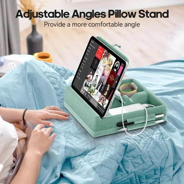 Alt view image 3 of 5 - KDD Tablet Pillow Stand with Storage, Foldable iPad Holder for Bed, Lap and Desk, Angle Adjustable Soft Pad Dock with Stylus Mount Compatible with iPad Pro 12.9, 11, Air, Mini, Phones, Books (Green)