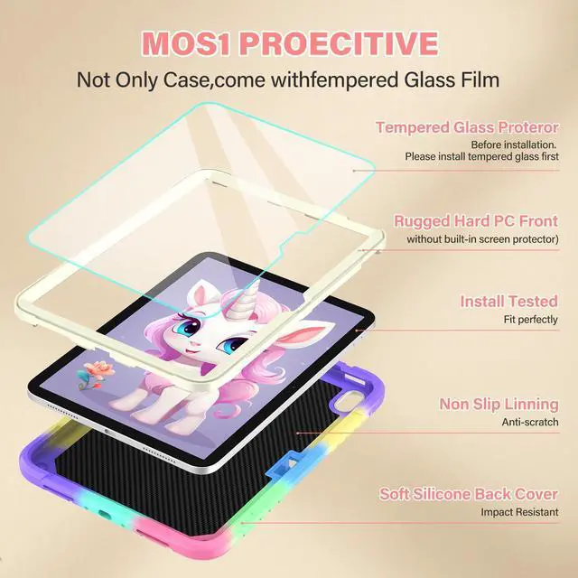 Alt view image 3 of 5 - TOMORRY for iPad (A16) 11th Generation 11 Inch 2025/iPad 10th Generation Case 10.9 Inch 2022 with Tempered Glass Screen Protector,Unicorn Stand,Shoulder Strap,for iPad 10 Case Kids Girls (Colourful)