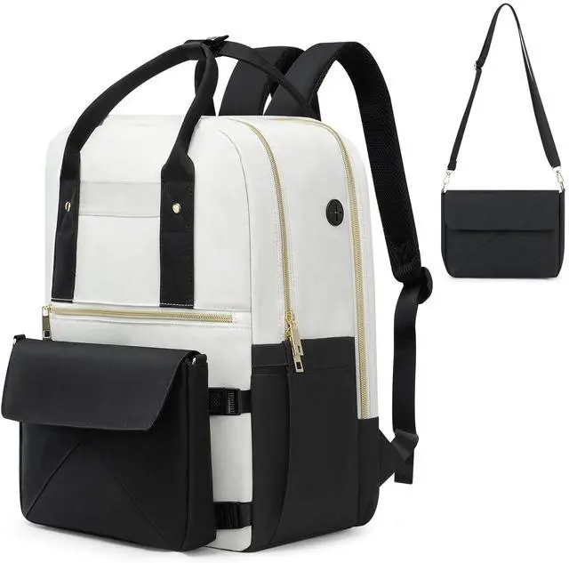 Main image of Rinlist Backpack for Women, 15.6 Inch Laptop Travel Backpacks Bag with USB Port, Work Business Nurse Teacher Bags College Bookbag for School, Casual Daypack for Travel, Black White