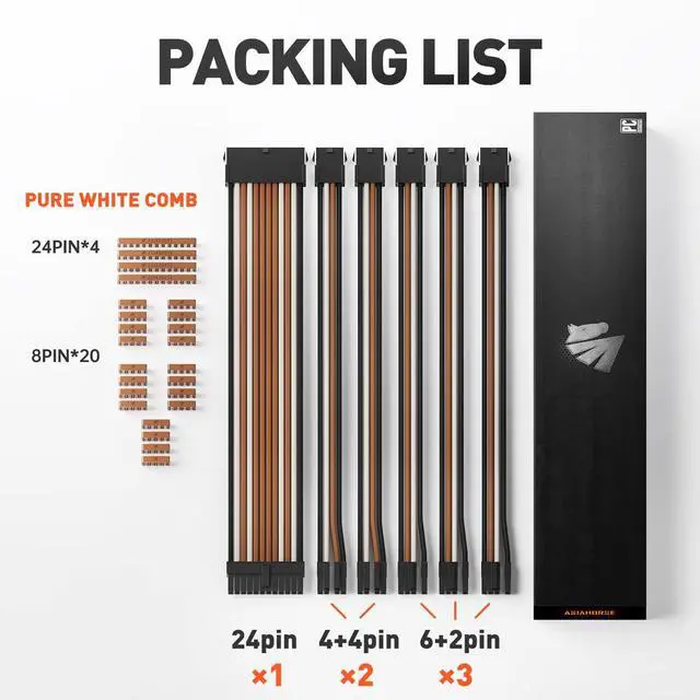 Alt view image 2 of 5 - Asiahorse 16AWG Pro Power Supply Sleeved Cable, Internal Power Supplies Extension Cable Kit, 1x24-PIN/ 2x8-PORT (4+4) M/B,3x8-PORT (6+2) PCI-E 30cm Length with Combs(Dual EPS Brown-Black)