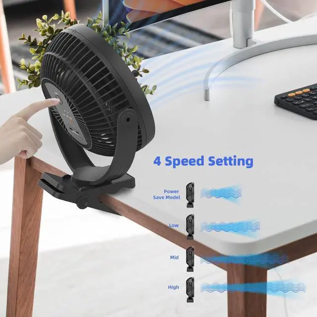 Alt view image 2 of 5 - ATEngeus USB Desk Fan, Rechargeable Portable Fan, 8-Inch Clip on Fan, 10000mAh Stroller Fan, 4 Speeds Strong Airflow, 720° Rotation, with Sturdy Clamp, Suitable for home, office and stroller