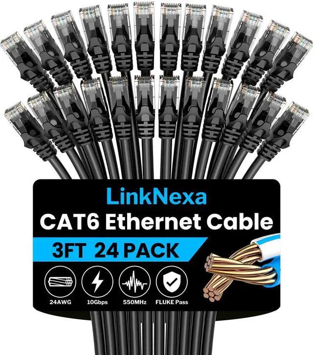 Main image of LinkNexa Cat 6 Ethernet Cable 3ft(24 Pack), High Speed 10Gbps Network Cable, UTP 24AWG Flexible RJ45 LAN Internet Cable for Computer, Router, Modem, PS4/5, Xbox, Gaming, Black