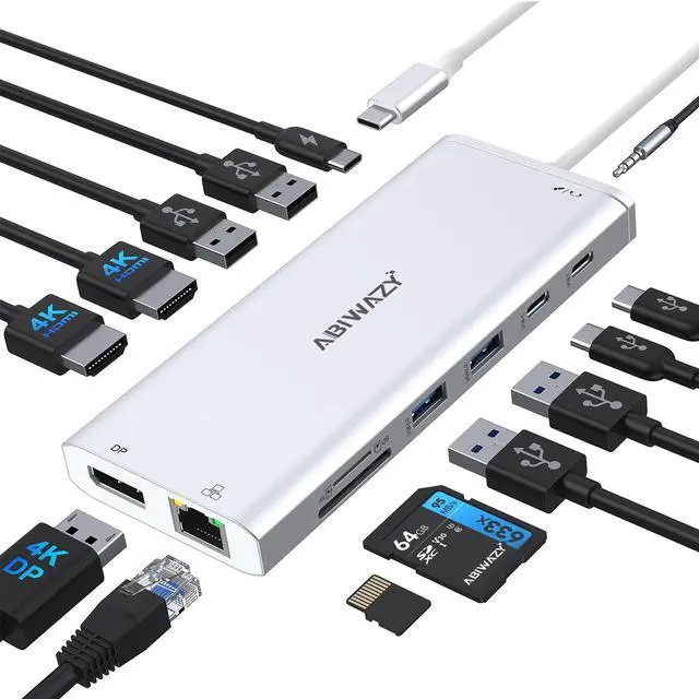 Main image of USB C Hub USB-C Docking Station Dual Monitor 14 in 1 Triple Display Multiport Adapter with 2 HDMI+DP+7 USB Type C/A Ports+Ethernet+Audio, USBC Dongle for Dell/HP/Lenovo ThinkPad/Surface(Sliver)