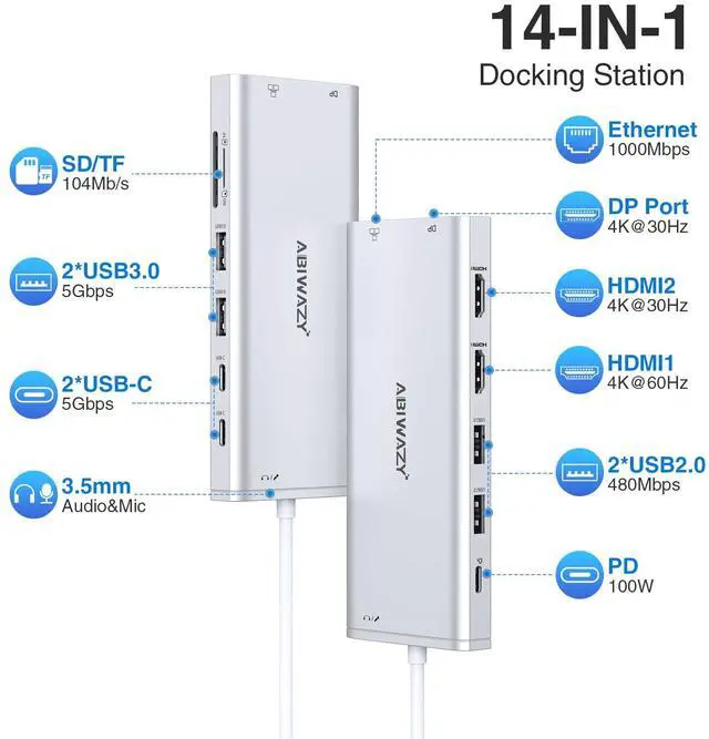 Alt view image 2 of 4 - USB C Hub USB-C Docking Station Dual Monitor 14 in 1 Triple Display Multiport Adapter with 2 HDMI+DP+7 USB Type C/A Ports+Ethernet+Audio, USBC Dongle for Dell/HP/Lenovo ThinkPad/Surface(Sliver)
