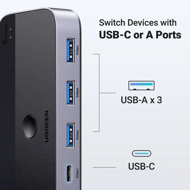 Alt view image 4 of 5 - UGREEN USB 3.0 Switch 2 Computers Sharing USB C & A Devices, 4 Port USB Switcher Sharing Keyboard and Mouse, Printer/Scanner USB Switch Hub for Two Computers with 2 USB3.0 Cables and Controller