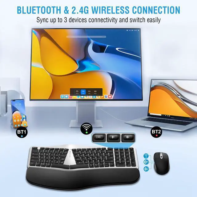 Alt view image 3 of 5 - Ergonomic Wireless Keyboard Mouse Combo, EDJO Bluetooth/2.4G Dual Channel, Split Design, Soft Foam Palm Rest, 4 Level DPI Adjustable Wireless Mouse, Rechargeable, for Windows/Mac/Android(Sliver)